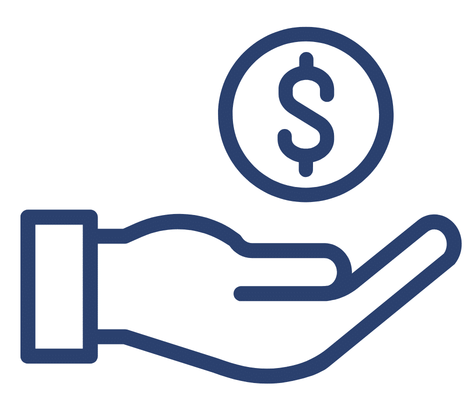 Icon of an open hand with a dollar coin above it, symbolizing donation. The design is simple, outlined in dark blue.