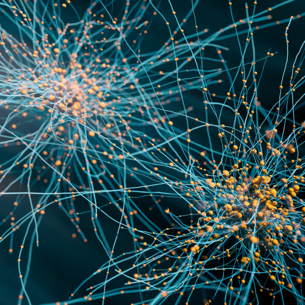 3D rendered image of neuron cell network on black background. Microglial cells are visible.