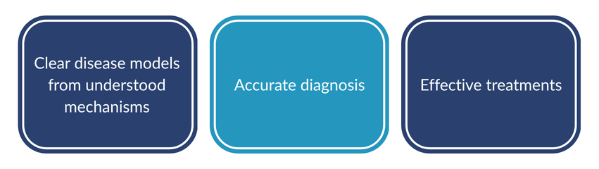 The image shows three rounded rectangular boxes arranged in a row. The first dark blue box reads “Clear disease models from understood mechanisms,” the middle teal box reads “Accurate diagnosis,” and the third dark blue box reads “Effective treatments.”