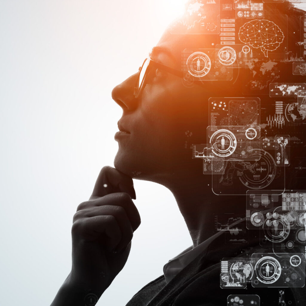 A person in profile wearing glasses, hand raised to their chin in a thoughtful pose, with complex data visualizations and AI diagrams overlaid on their silhouette.