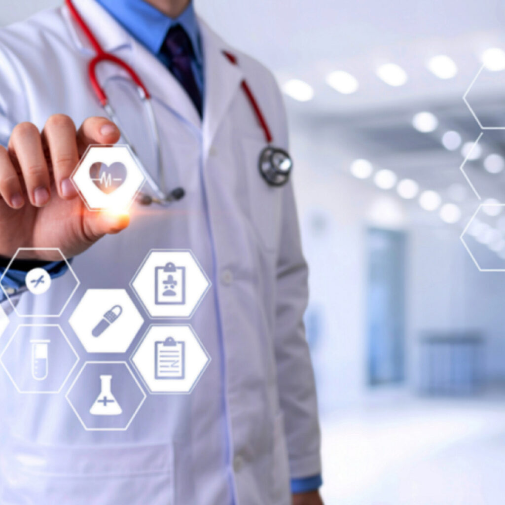 A physician in a white coat touching a glowing hexagonal icon displaying a heart and heartbeat symbol, surrounded by an interconnected network of medical icons.