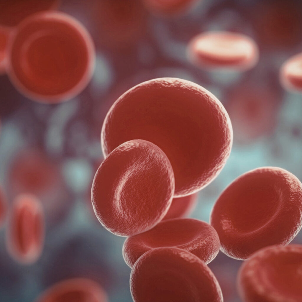 A close-up 3D illustration of red blood cells flowing through a bloodstream, showing their characteristic biconcave disc shape in detail against a blurred blue-grey background.