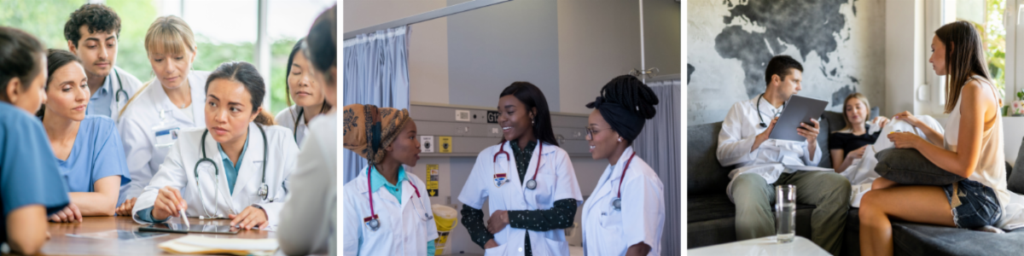 A banner with three photos: diverse medical professionals collaborating around a tablet, three women in white coats conversing in a hospital, and a doctor engaging with a child while an adolescent looks on — conveying teamwork and patient-centered care.