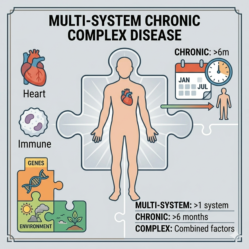 An educational infographic titled "Understanding Multi-System Chronic Complex Disease."