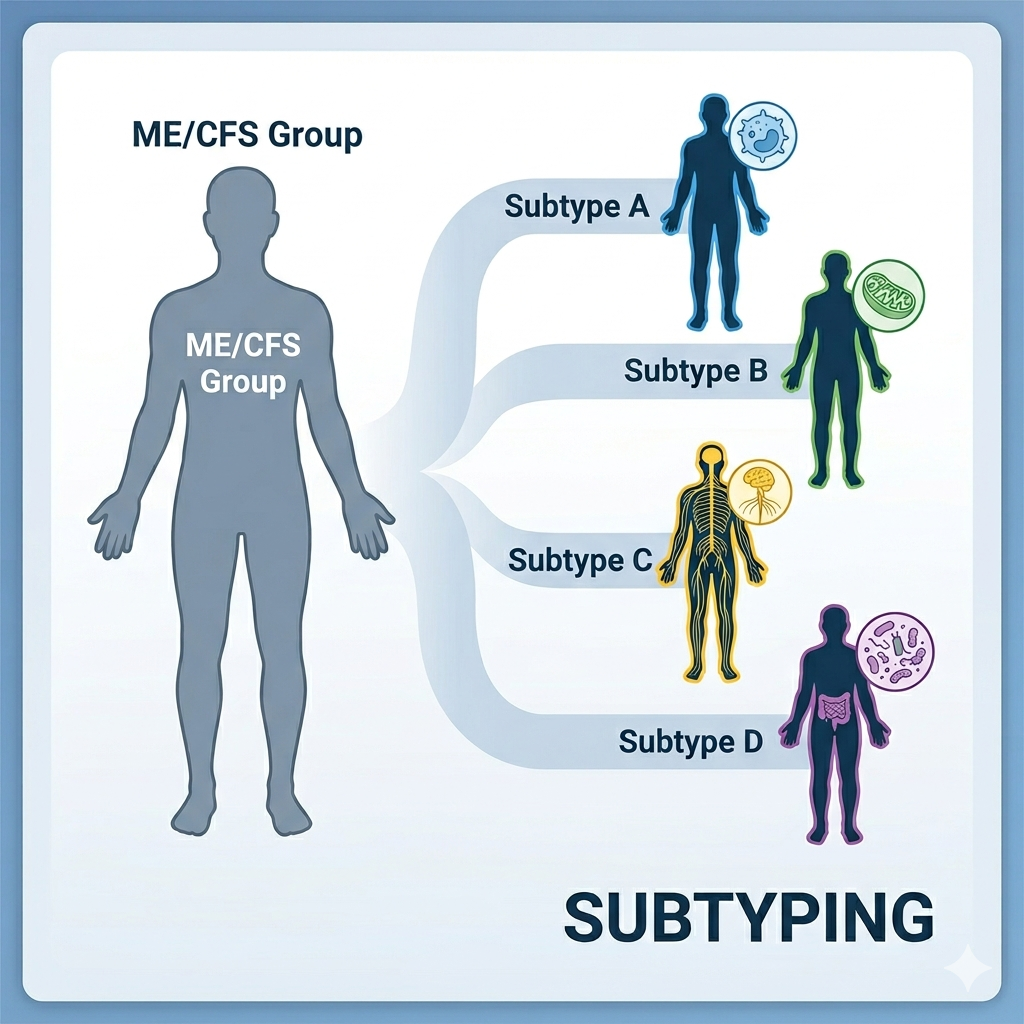 An infographic titled "SUBTYPING," which illustrates the division of a general patient group into four specific, distinct categories. On the left, a large, undifferentiated grey silhouette is labeled "ME/CFS Group," representing the entire patient population. On the right, this single group branches out into four smaller, color-coded human silhouettes, each representing a unique "subtype" with an accompanying medical icon