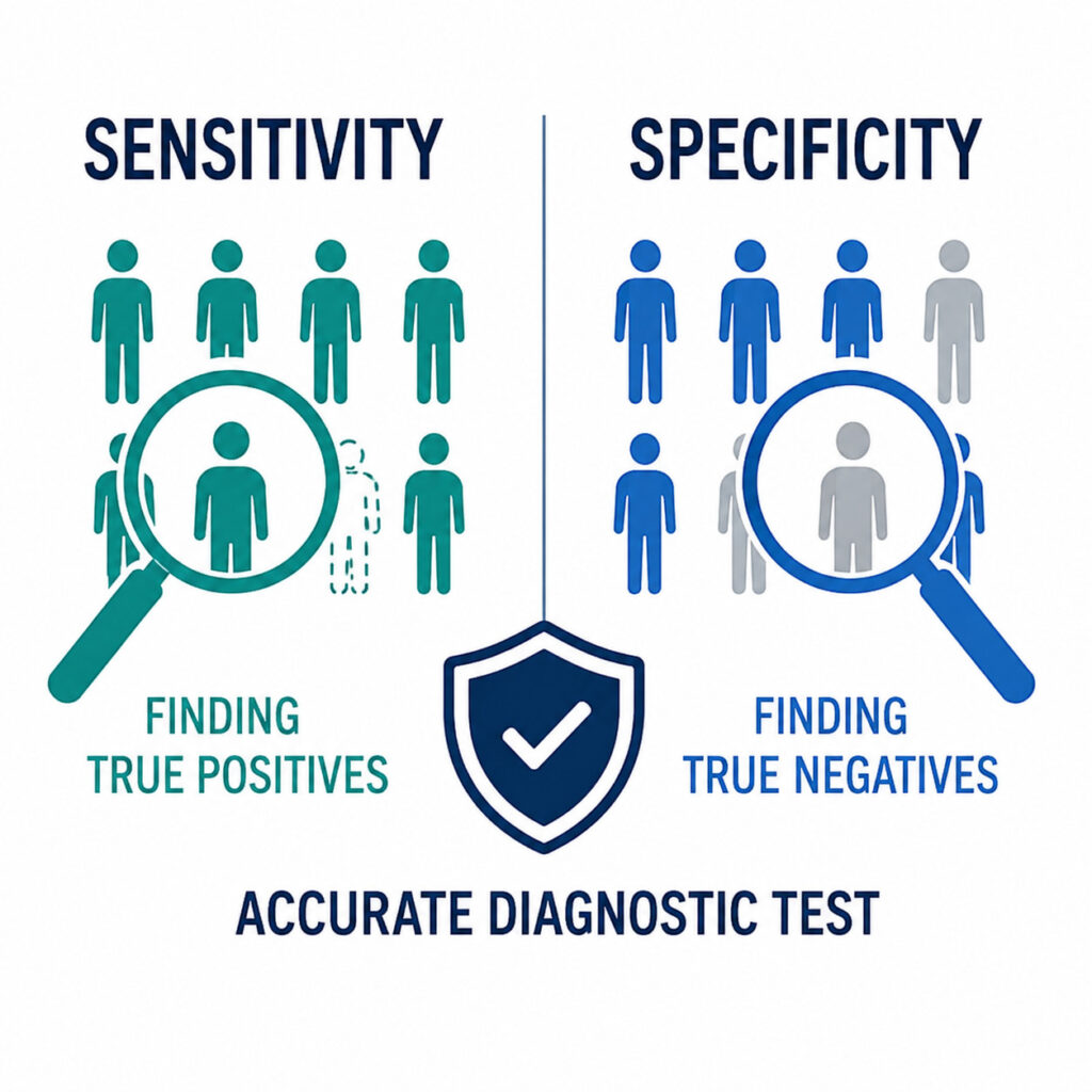Illustration of sensitivity and specificity in diagnostic testing, showing identification of true positives and true negatives using magnifying glass icons and groups of people.
