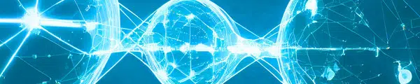 Abstract science illustration in shades of bright blue—glowing networked spheres connected by luminous strands of light against a dark background, evoking cells, molecules, and intercellular communication.