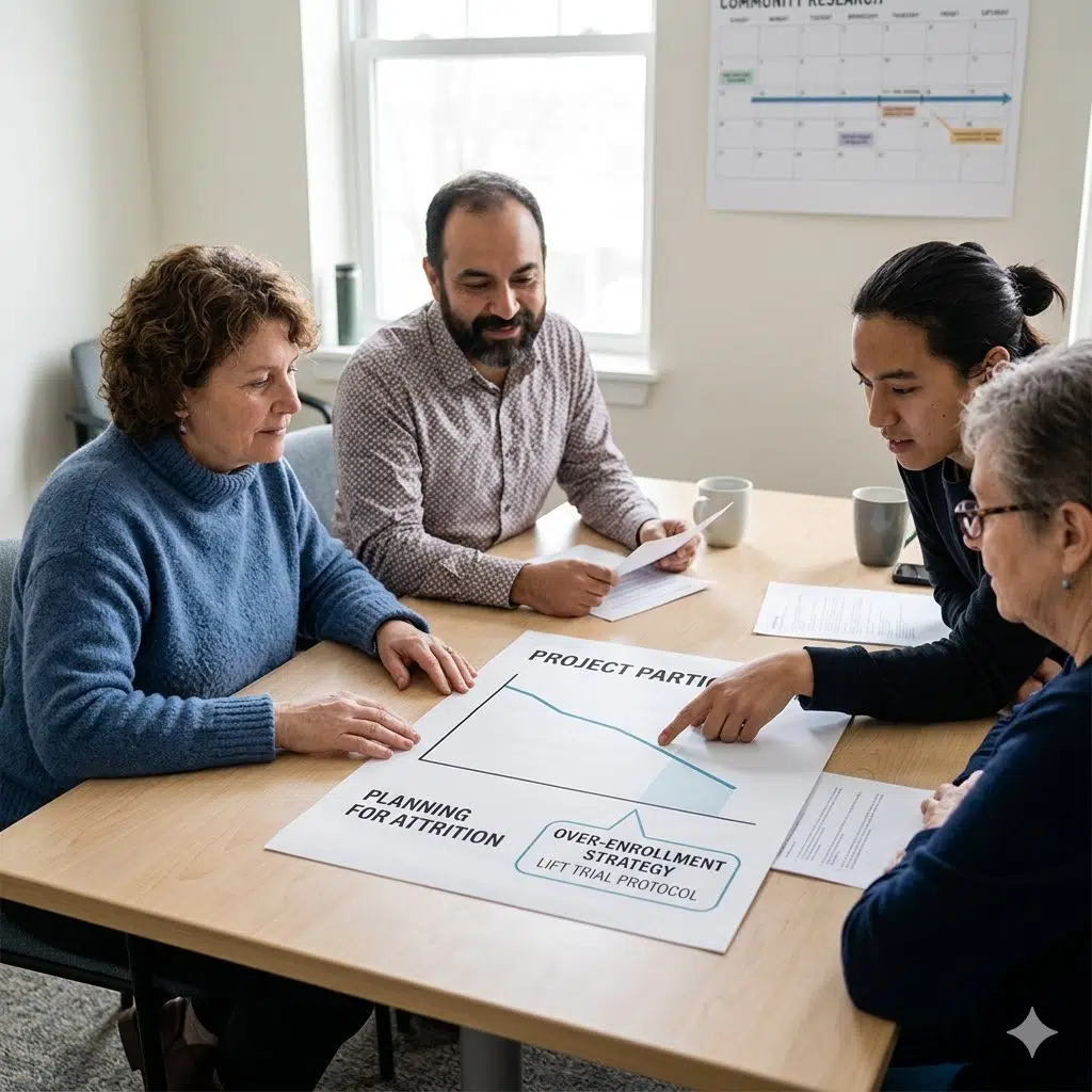 A diverse group of four researchers sits at a table, looking at a visual progress chart titled 'PLANNING FOR ATTRITION' with a call-out that says 'OVER-ENROLLMENT STRATEGY,' representing a clinical trial protocol.